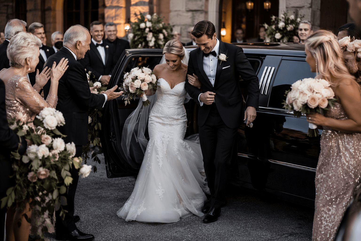 Wedding transportation service in Charlotte NC with white stretch limousine